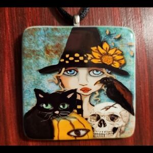 Artistic Pendant with Witch and Cat Design